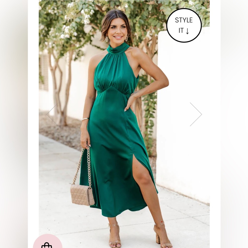 Hard To Ignore Emerald Satin Mock Neck Midi Dress